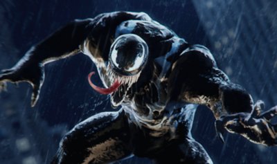 Venom jumps through the air. Rain pours in the background.