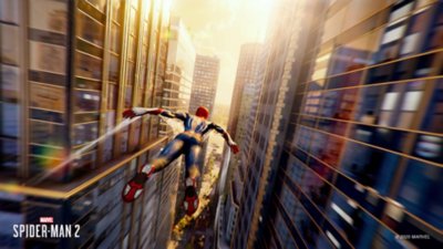 Marvel's Spider-Man 2 for PC screenshot showing the player character gliding between buildings