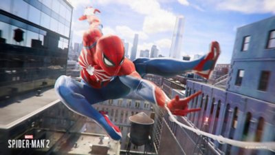 Marvel's Spider-Man 2 for PC screenshot showing Pete moving through the city