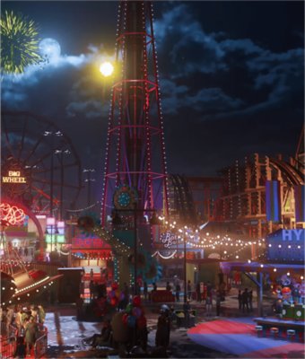 Coney Island at night. Citizens of New York enjoy the rides and amusements.