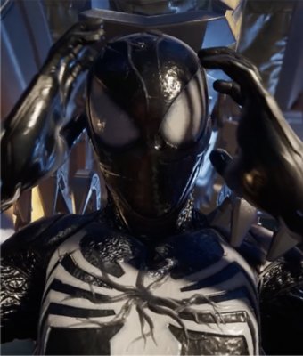 Peter Parker wears suit completely covered by symbiote.