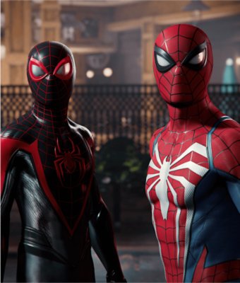 Peter Parker and Miles Morales stand in a park and look into the distance.