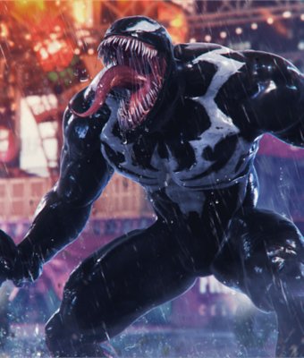 Venom stands in the rain and roars, showing off his teeth.