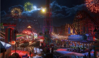 Coney Island at night. Citizens of New York enjoy the rides and amusements.