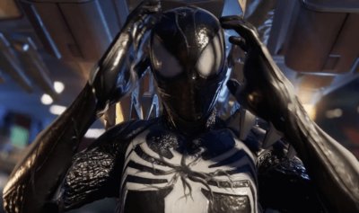 Peter Parker wears suit completely covered by symbiote.
