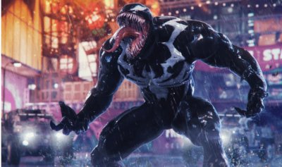 Venom stands in the rain and roars, showing off his teeth.