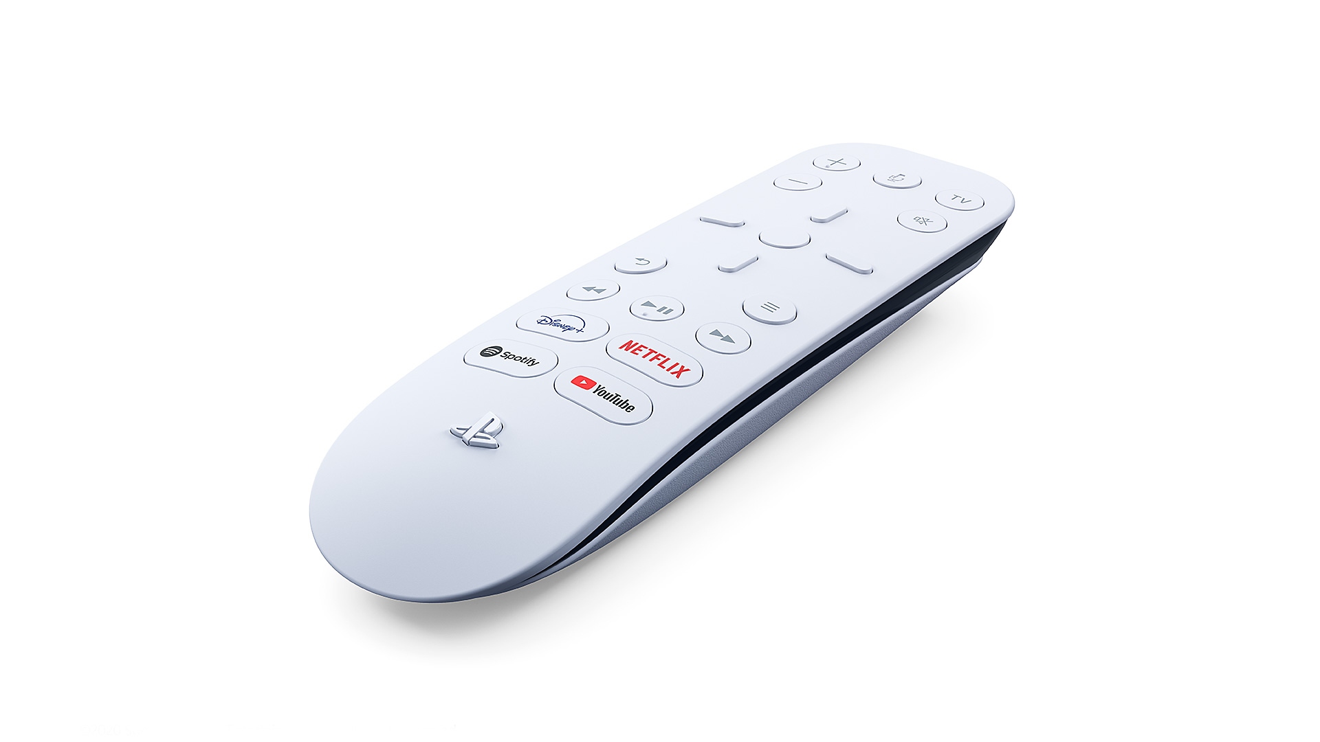 a media remote laying flat on a white background