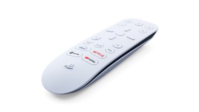 a media remote laying flat on a white background