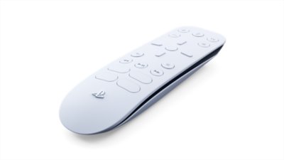 a media remote laying flat on a white background