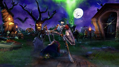Ilustración principal de MediEvil con el personaje principal Sir Daniel Fortesque en un espeluznante cementerio iluminado por la luna.