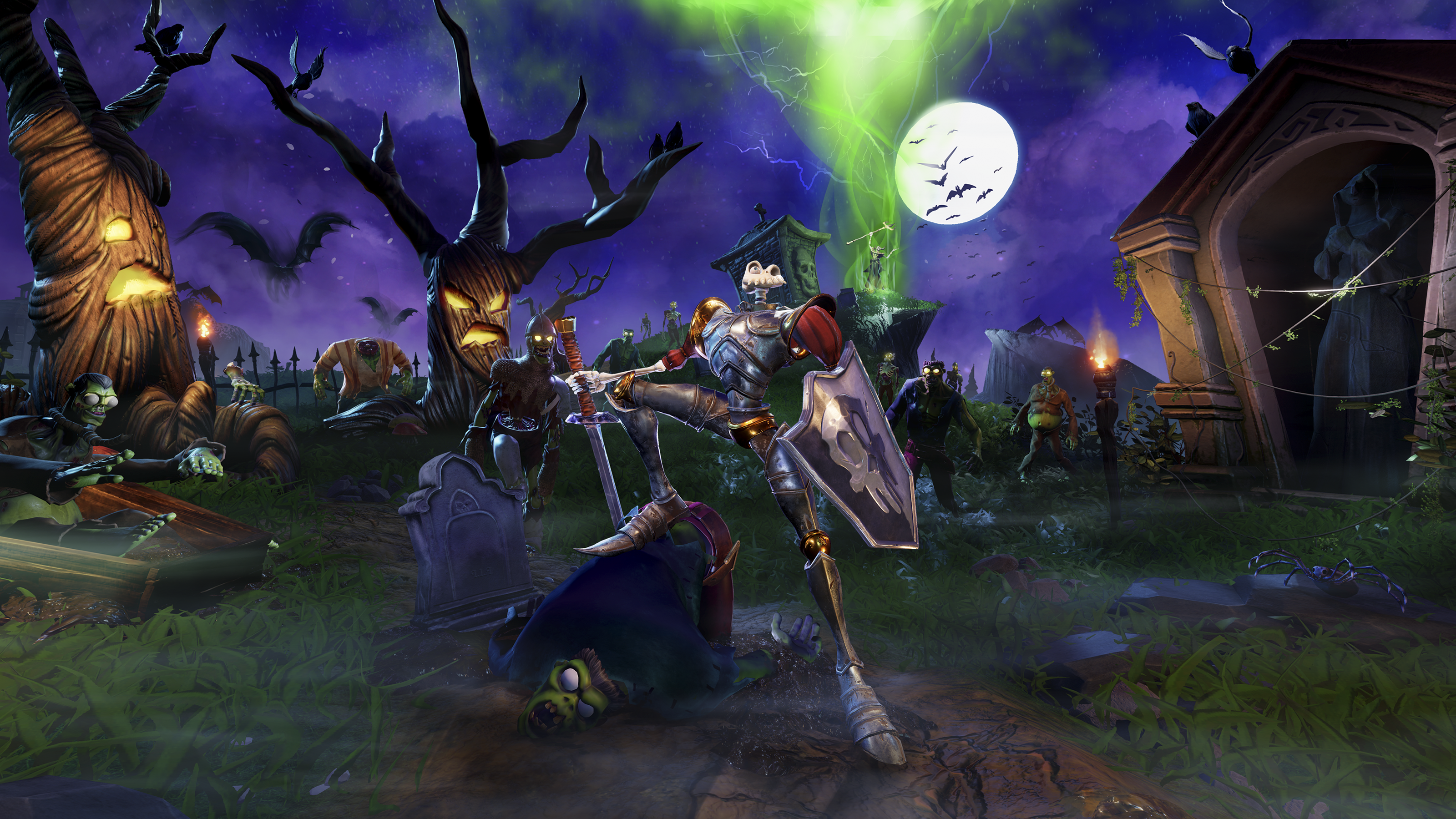 صورة فنية أساسية من لعبة MediEvil تعرض الشخصية الرئيسية، Sir Daniel Fortesque، في مقبرة مخيفة على أضواء القمر.
