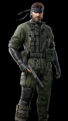 Fotografía de cuerpo entero del personaje Naked Snake.