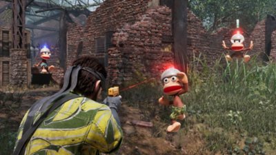 Captura de pantalla de Metal Gear Solid Delta: Snake Eater que muestra a Snake apuntando con un arma a los monos de Ape Escape.