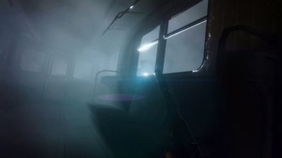 Екранна снимка на Metro Awakening, показваща как играчът се промъква във вагон, за да избегне откриване от враг отвън