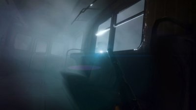 Metro Awakening screenshot showing the player sneaking in a train carriage to avoid detection by an enemy outside