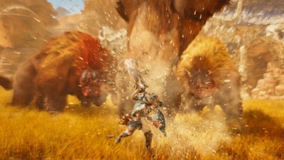 Monster Hunter Wilds screenshot showing a hunter knocking a monster off-balance with an Offset Attack.