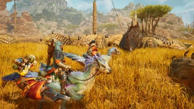 Monster Hunter Wilds screenshot showing a hunter riding on a Seikret