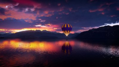 Microsoft Flight Simulator 2024 screenshot showing a hot air balloon above a lake as the sun disappears in the sky
