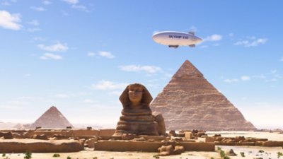 Microsoft Flight Simulator 2024 screenshot showing a blimp above the pyramids and sphinx of Giza