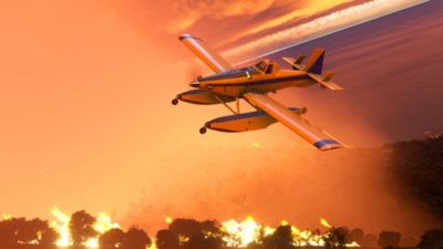 Microsoft Flight Simulator 2024 screenshot showing a plane fighting fires
