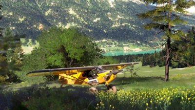 Microsoft Flight Simulator 2024 screenshot showing a plane landed on the ground in a forest with a lake
