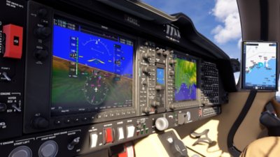 Microsoft Flight Simulator 2024 screenshot showing the screens inside the cockpit of a plane
