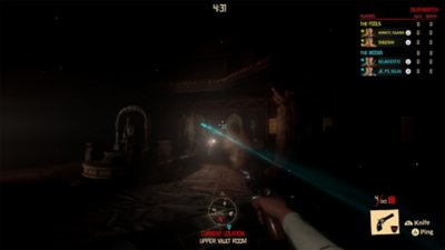 Gameplay screenshot from Midnight Murder Club featuring multiple characters with flashlights turned on one another.