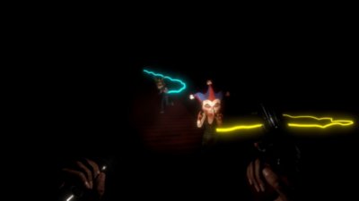 Gameplay screenshot from Midnight Murder Club multiple masked characters moving through a darkened room.