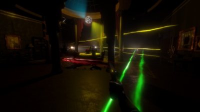 Gaemplay screenshot from Midnight Murder Club depicting a brightly colored shoot out in a lavish room.