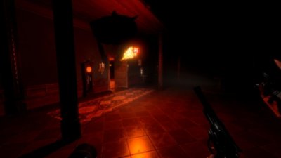 Gameplay screenshot from Midnight Murder Club depicting a flaming skull flying through a dining room.