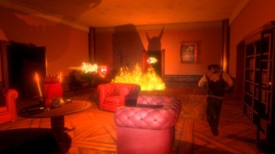 Gameplay screenshot from Midnight Murder Club a character fleeing through a burning drawing room.
