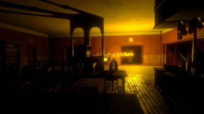 Gameplay screenshot from Midnight Murder Club depicting a hallway lit by a yellow-hued light.