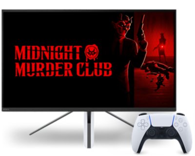 Computer monitor featuring key artwork from Midnight Murder Club