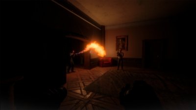 Midnight Murder Club - screenshot van een personage dat een vlammenwerper gebruikt.