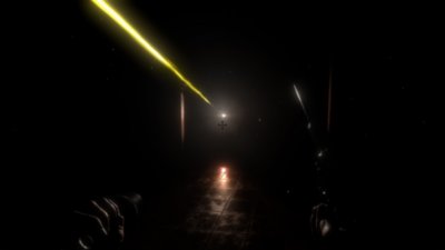 Gameplay screenshot from Midnight Murder Club featuring a player peering down a darkened hall.