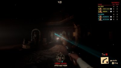 Gameplay screenshot from Midnight Murder Club featuring a player aiming a revolver along a darkened hallway.