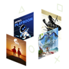 Złożona grafika zawierająca kluczowe elementy z Astro's Playroom, Horizon Forbidden West, Sky: Children of the Light i Ghost of Tsushima.