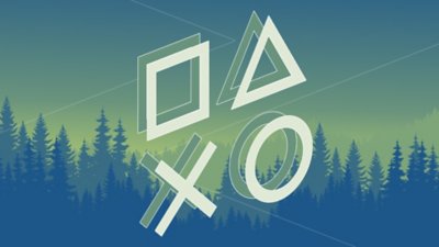 PlayStation 웰빙 및 마인드 관리 아트워크. 잔잔한 숲 배경 앞에 네 개의 PlayStation 문양