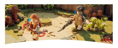 LEGO Horizon Adventures screenshot showing Aloy and a companion in a brick-built environment