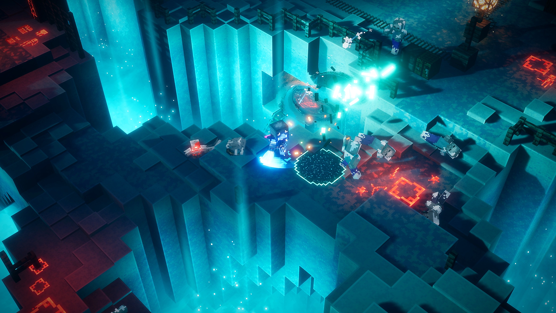 Minecraft Dungeons Seasonal Adventure - luminous night แสดงให้เห็นแสงไฟสีฟ้าและตัวละครสู้กันอยู่