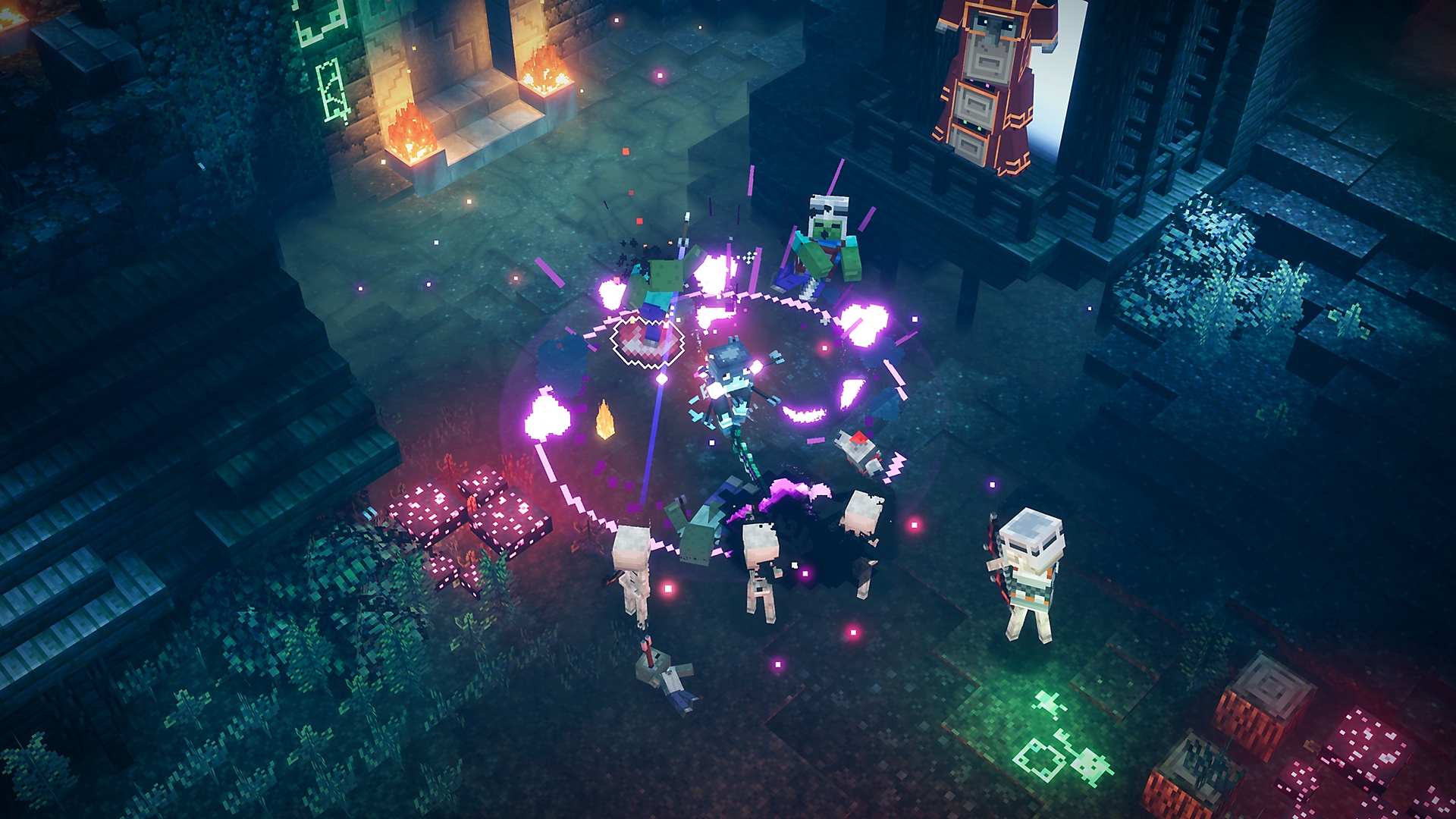 《Minecraft Dungeons》季節性冒險 - Luminous Night螢幕截圖，顯示戰鬥畫面