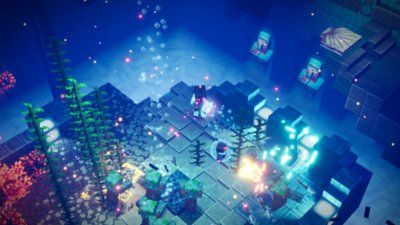 Screenshot van het Minecraft Dungeons seizoensavontuur Luminous Night met daarop een verkenningsreis