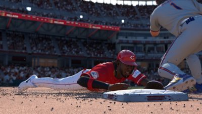 MLB The Show 25 screenshot showing Elly De La Cruz stealing a base