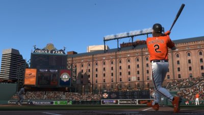 Screenshot MLB The Show 25 waarop Gunnar Henderson de bal raakt