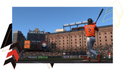 Screenshot MLB The Show 25 waarop Gunnar Henderson de bal raakt