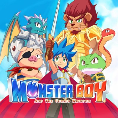 《Monster Boy and the Cursed Kingdom》主题宣传海报，展示了主人公及其诸多怪物形象的手绘插图。