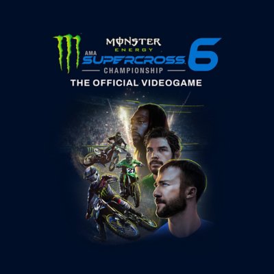 Arte promocional de Monster Energy Supercross - The Official Videogame 6 que muestra a tres corredores en sus motocicletas.