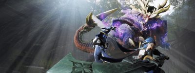 Monster Hunter Rise - Immagine che mostra due cacciatori, un Felyne e un Canyne che attaccano un Magnamalo