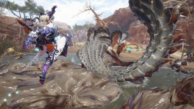 Monster Hunter Rise screenshot featuring a hunter leaping over an Almudron attack