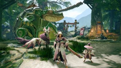 Monster Hunter Rise – zrzut ekranu przedstawiający łowcę, Palico i Palamute pozujących w dopasowanych pancerza Misutzune